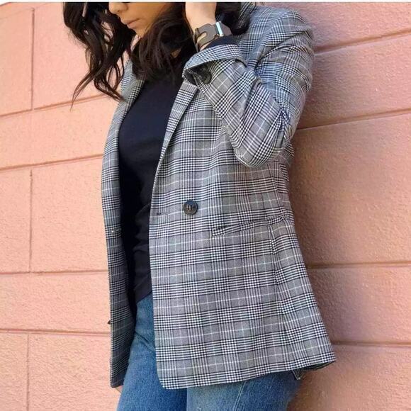 Anine Bing Madeleine Blazer Grey/Blue Plaid size Small Classic Double Breasted‎